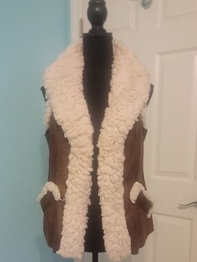 INC Shearling-Lined Brown Faux Leather  Vest with Cream Sherpa Trim